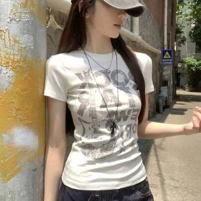 レディース Tシャツ 半袖 ロゴ プリント カットソー クルーネック タイト スリム 着痩せ ギター グラフィック ロック風 ストリート カジュアル 韓国ファッション コンパクト 骨格ウェーブ 細見え トップス ブラック