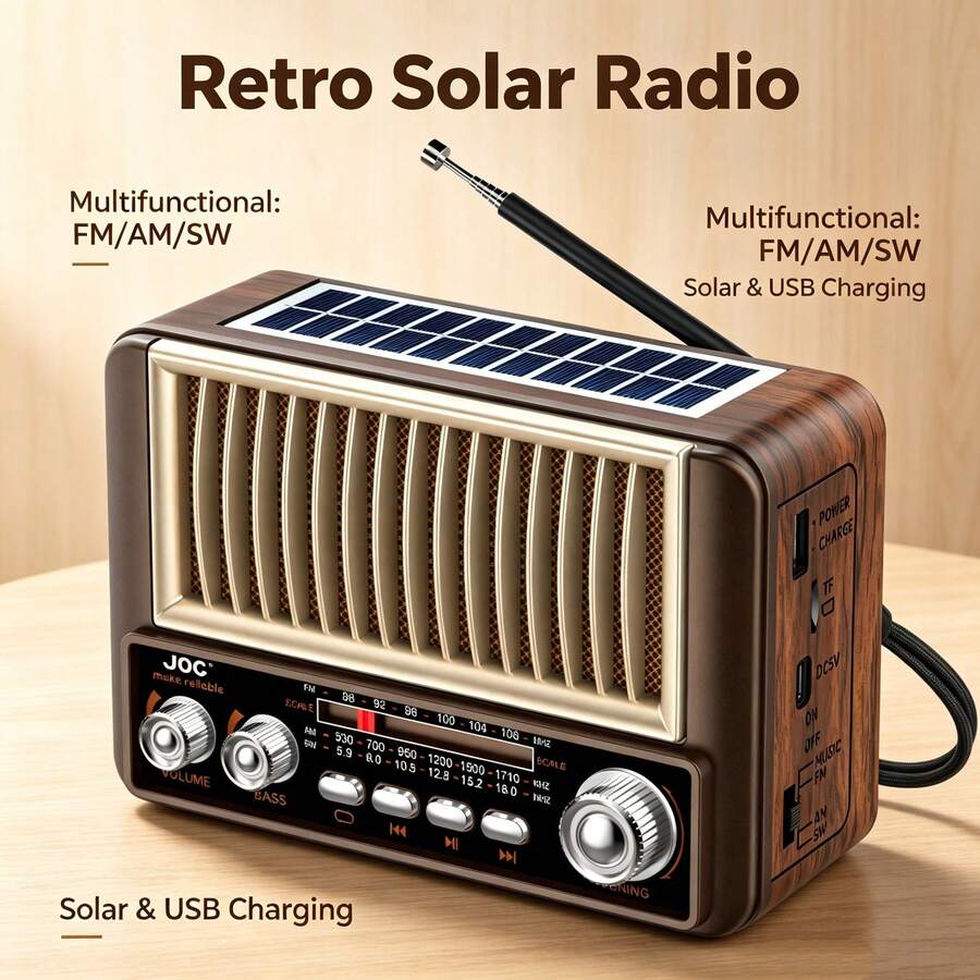 可攜式復古無線電收音機,配備 18650 鋰電池與天線,支援 AM/FM/SW 多波段、AUX 與 TF 卡播放,適用於居家與戶外使用,理想禮物,電池容量:1200mAh - 查看 1