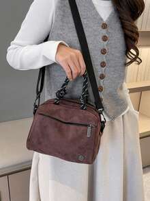 Women's Casual Shoulder Sports Bag Crossbody Bag, Easy-To-Care-For Fabric, Easy To Clean, Plaid Material, Multi-Layer Zipper Large Capacity Handbag - Coffee - View 3