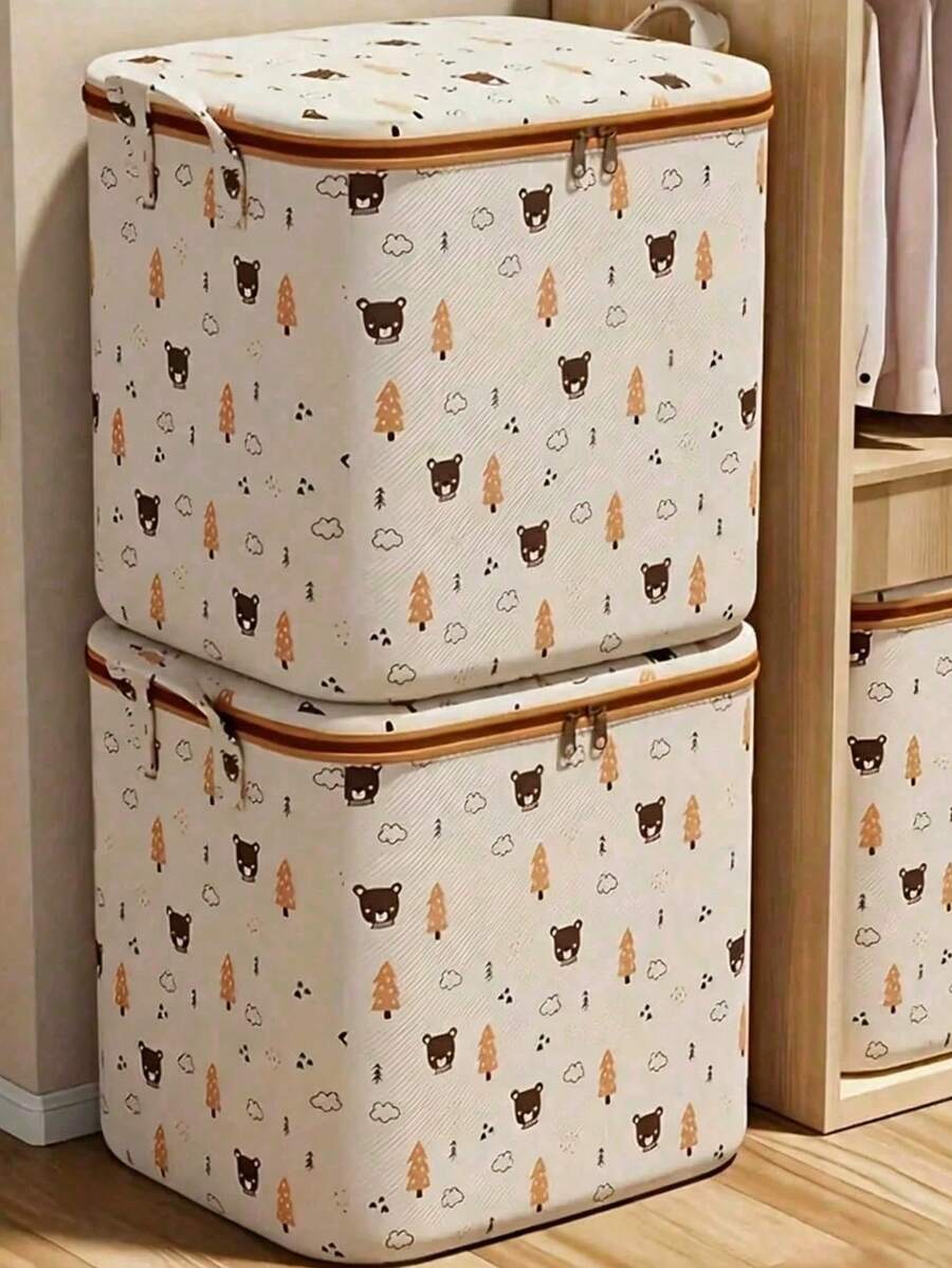 Foldable Clothes Storage Box With Handle, Suitable For Bedroom And Wardrobe. Cute Pattern Design Makes Home Organization Fun. Reinforced Portable Bedding Storage Bag, Suitable For Home And Dormitory Use. Dirty Clothes And Toy Storage Basket. - Multicolor - View 1