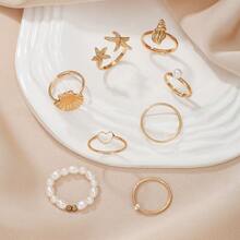8 piezas Serie Oceánica Anillos de Estrella de Mar, Concha y Perla, Adecuado para Accesorios de Joyería Diaria de Mujeres Regalo - Nuevo Ocean 8 Gold - Ver 10