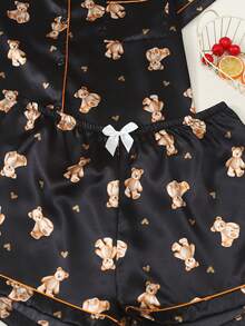 Set Piyama Celana Pendek Lengan Pendek Wanita Ukuran Plus Motif Beruang Hati - Hitam - View 6