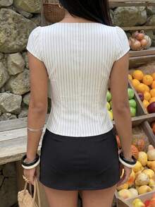 Women's Casual Fashion Daily Wear Striped Print Double Zipper Square Neck Short Sleeve T-Shirt Top, Suitable For Spring And Summer - White - View 3