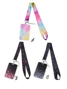 1 Set Glitter Pattern Fashionable Personalized Push-Pull Card Holder, Glitter Pattern Printed Keychain Pendant Bag Charm, Student ID Bus Card Protective Sleeve, Suitable For Office Workers And Students Daily Use - Rectangle - View 12