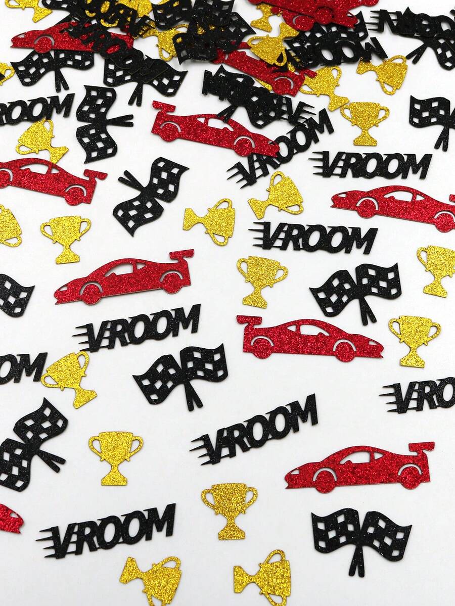 100pcs/Set Red Racing Theme Glitter Confetti, Vroom Racing Checkered Flag Trophy Table Scatter Confetti, Suitable For Boys Children Birthday Party Decoration, Racing Party Supplies - Red and Black - View 1
