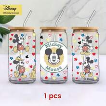 【官方授權】Disney 米奇 16oz 罐狀玻璃杯，附竹製杯蓋與吸管，經典永恆卡通保溫杯，可愛復古冰咖啡飲用杯，適合兒童、成人與 Disney 粉絲的禮物 - 彩色 - 查看 9