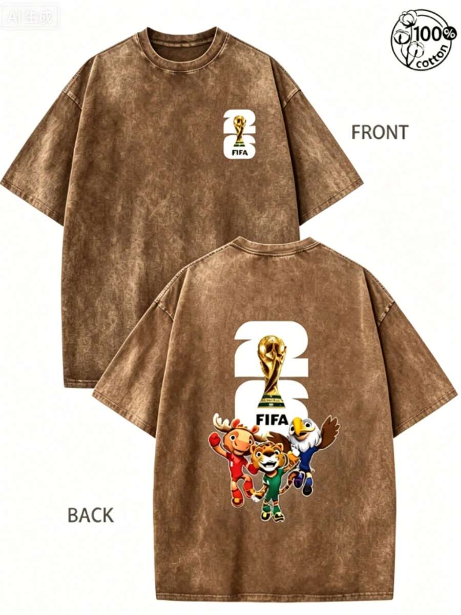 FIFA-2026 World Cup, World Cup T-Shirt, Soccer T-Shirt, Football Tee, 230G Washed High-Quality Cotton Printed Men's T-Shirt; 100% Cotton - 咖啡棕 - 查看 1