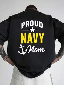 Camiseta de hombre con hombros caídos, Navy Mom, camiseta de hombre de corte holgado con estampado de doble cara, nueva ropa de hombre a la moda, una prenda esencial para hombre con diseño v - Negro - Ver 3