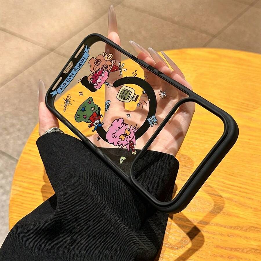 Suitable For IPhone 17/17 Pro/17 Max/16/15/14/13/12/11 Series Phone Cases, One Ins Cartoon Pattern Magnetic Suction, All Inclusive Anti Drop Phone Case Protective Case, 17 Pro Max Phone Case, Fashionable Phone Case. - Black - View 1