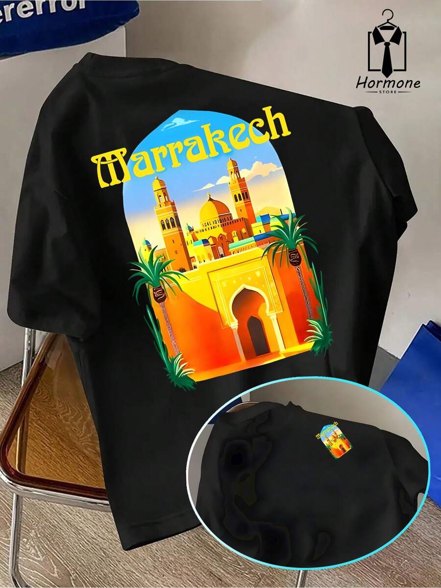 ¡Estilo de viaje del norte de África! Camiseta blanca Marrakech - Prenda casual de manga corta para hombre, de poliéster multifuncional de doble cara. - Negro - Ver 1