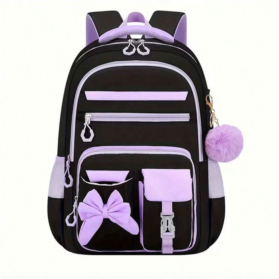 1pc Bowknot Women's Backpack With Pom Pom Charm, Large Capacity Multi-Compartment Design, Highly Attractive College Style Backpack, 15.6 Inch Laptop Backpack, With Luggage Strap For Easy Travel - Single Package - View 1