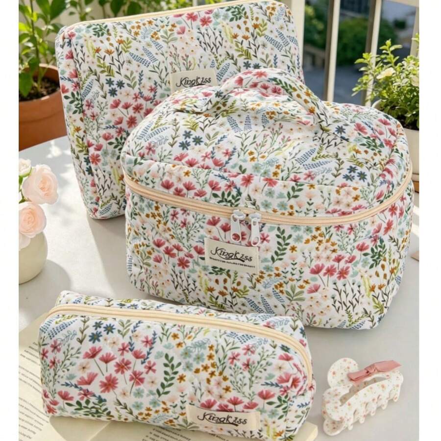 Floral Print Quilted Makeup Bag, Large Capacity Portable Cosmetic Storage Bag, Multi-Size Travel Toiletry Bag With Handle - Multicolor - View 1