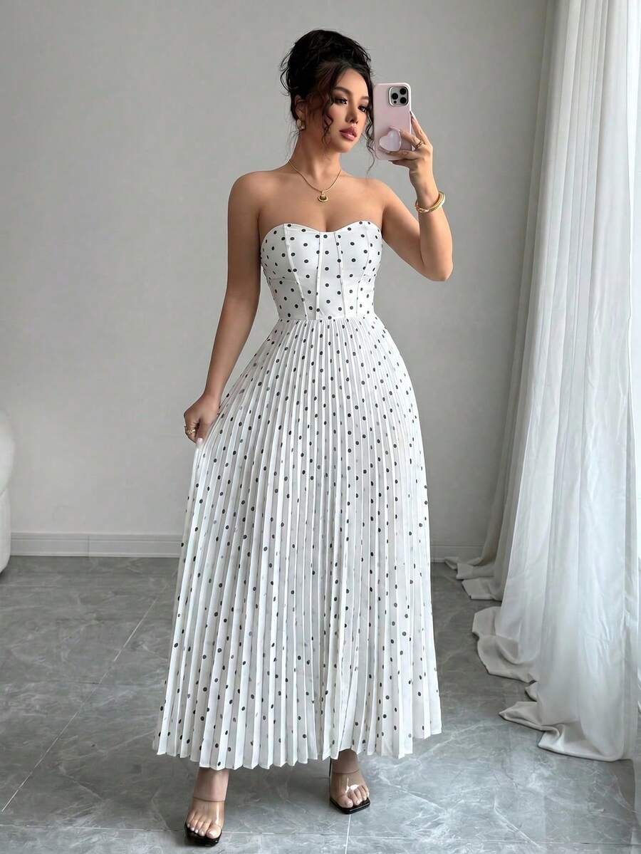 Vestido plisado de impresión completa con cintura ajustada tipo bandeau - Blanco y Negro - Ver 1