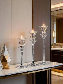 3pcs Crystal Glass Taper Candle Holders Set Goblet Shaped Crushed Crystal Stem Rhinestone Ball Tall Candlestick Stand Different Heights Luxury Table Centerpiece For Wedding Party Dinner Home Decor - Candlestick - View 3