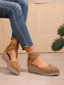 Damen-Keilsandalen mit geschlossener Zehenpartie aus Strohgeflecht, geflochtene Seil-Sandalen im römischen Stil mit dicker Sohle, sommerliche lässige Strandschuhe - Khaki - Übersicht 3
