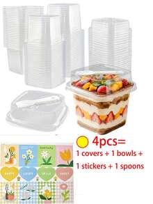 200 Peças Caixas Transparentes Quadradas para Bolo, Pudim e Sobremesa com Tampas, Colheres e Adesivos Decorativos, Caixas Multifuncionais para Mousse de Bolo Adequadas para Frutas, Sorvete, Iogurte, Natal, Halloween, Festas de Aniversário - Visão 15