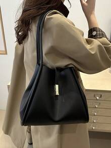 Fashion Minimalist Solid Color PU Campus Style Tote Bag, Shoulder Bag, Multifunctional Handbag, Suitable For Women Shopping, Work Commute, Student Back To School And Daily Use - Black - View 5