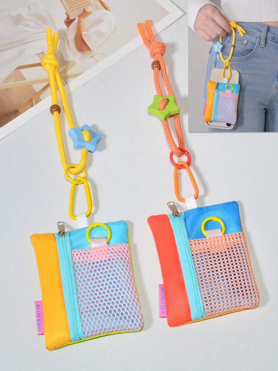 1 Set Dopamine Color-Block Star Adjustable Braided Phone Wrist Strap Coin Purse, Korean Style Patchwork Mesh Tulle Mini Cute Portable Key Coin Storage Zipper Pouch, Multi-Functional Portable Student Bus Card Earphone Lipstick Storage Colorful Small Bag