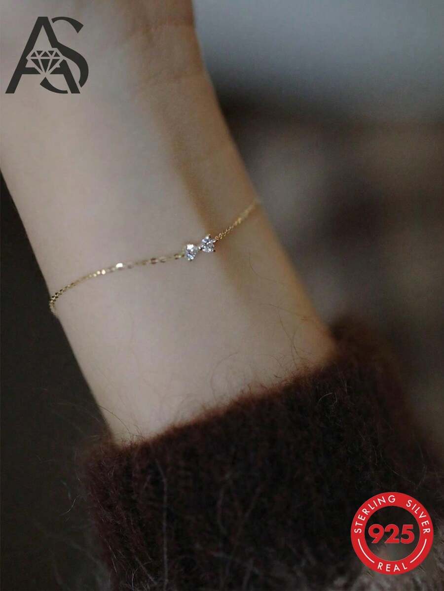 AnlaScheer 1Pc 925 Sterling Silver Cute Bow Cubic Zirconia Connected Chain Bracelet Fine Jewelry Gift Suitable For Women'S Daily Wear Parties, And Wedding - Gold - View 1