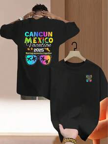 Camiseta de hombre con diseño de doble cara a la moda - Con un diseño inspirado en Vacaciones 2025 en Cancún,éxico, con motivos de playa y viajes, cuello redondo informal, lavable aáqu - Blanco - Ver 8