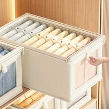 1pc Beige & Grey Fabric Storage Basket, Transparent Window Foldable Storage Box, Durable Clothing Organizer Box. Large Capacity Closet Storage Container, Suitable For Wardrobe Storage Room Use And Daily Clothing Storage & Organization. - Multicolor - View 2