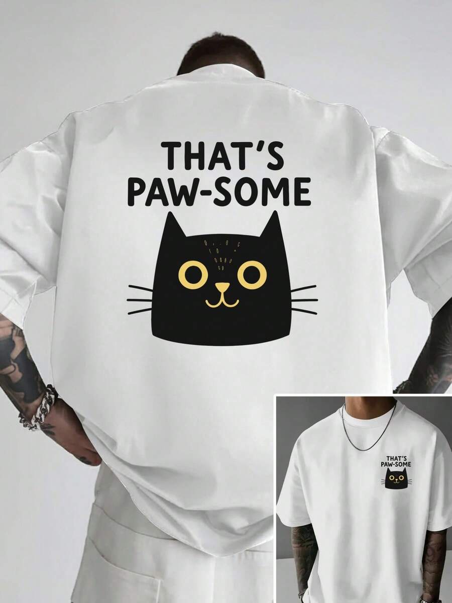 Camiseta de hombre con hombros caídos, diseño de gato, patrón personalizado y lindo, camiseta holgada para hombre, ropa de hombre de estilo moderno y novedoso, una prenda esencial para hombr - Blanco - Ver 1