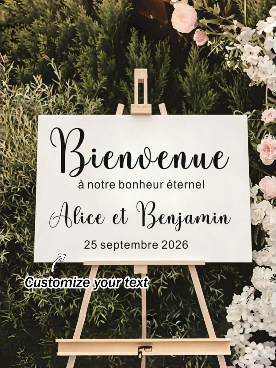 法式 Bienvenue À Notre Bonheur Éternel 永恆幸福婚禮歡迎貼紙,可客製化新郎新娘姓名與婚禮日期,優雅草寫鏡面歡迎標誌貼紙,防水可移除鏡面裝飾貼紙 - 多色15 - 查看 1