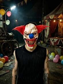 1pc Halloween Scary Clown Mask Latex Head Cover Red Hair Split Mouth Clown Cosplay Haunted House Escape Room Prop - View 2