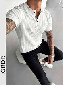 Men's Summer Henley Neck Solid Ribbed Short Sleeve Knit Sweater, Suitable For Summer Outings, Essential For Fashionable Styling - White - View 4
