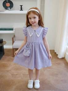 Young Girl' Fashion Casual Cute Beaded Collar Solid Color Dress + Beaded Handbag - Mauve Purple - View 2