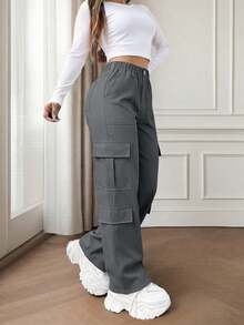 Pantalones cargo elegantes y lindos de estilo Y2K con múltiples bolsillos y botones, de color marrón, de peso ligero, adecuados para volver a la escuela, graduación, club, fiesta de cumpleañ - Gris - Ver 11
