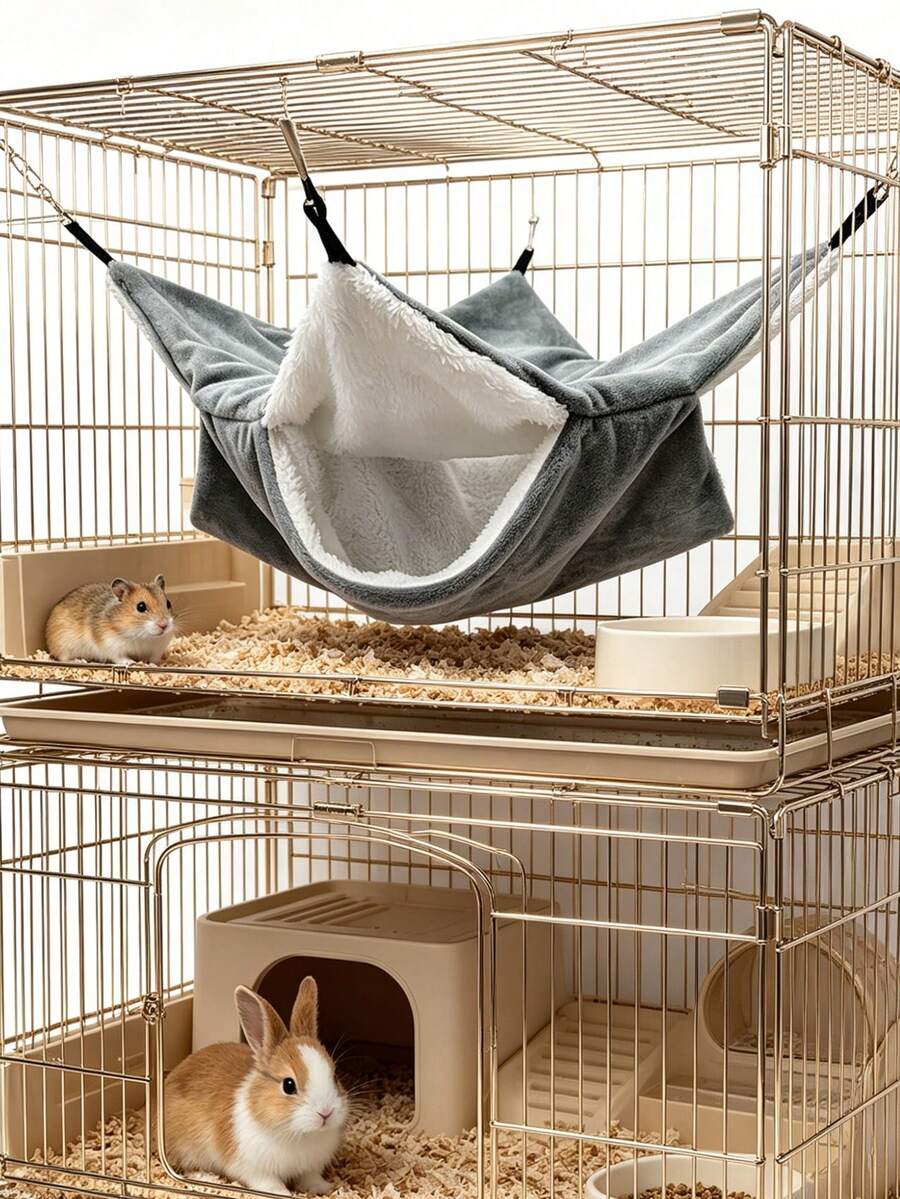 1pc Double Layer Plush Pet Hammock Cage Hanging Bed, Warm Hiding Nest For Small Animals Hamster Guinea Pig Sugar Glider Squirrel Ferret, Soft Fluffy Winter Sleeping Bed - C-Grey - View 1