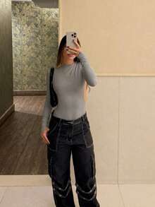 Women's Boddy With Open Back, Long Sleeves, Polyamide, Gringa Style - 灰色 - 查看 2