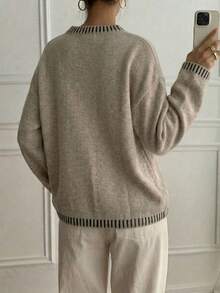 Women's Casual Spring/Autumn , Knit Round Neck Contrast Color Loose Versatile Sweater, Suitable For Commuting And Dating - Khaki - View 3