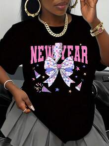 Women's Casual New Year's Eve Party T-Shirt, Graphic Tee With Bow And Star Design For Celebrating New Year's Eve, Festive Clothing For Women, Fashion - 黑色 - 查看 1