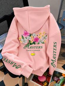 字母印花大碼女款休閒秋冬長袖口袋運動衫 粉色 - 粉色 - 查看 2