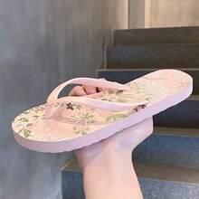 1雙新款夏季花卉印花夾腳涼鞋，柔軟EVA快乾透氣鞋底，防磨防滑繫帶沙灘鞋，時尚休閒女款拖鞋，適合日常穿搭、室內外、旅行度假使用，亦可作為開學禮物 - A - 查看 13