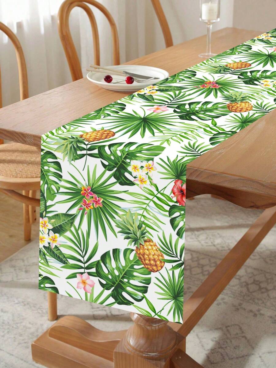 1件夏威夷風桌旗，180*35cm 龜背葉鳳梨印花聚酯纖維桌布，適用於室內外生日節日熱帶派對用品