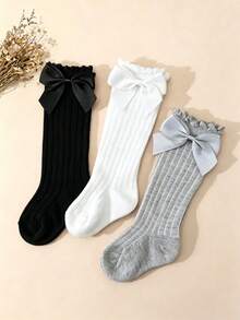 3 Pairs Girls Sweet Cute Bow Decor Bubble Cuff Elastic Mid-Calf Socks, Spring Autumn All Seasons Girls Leg Socks, Suitable For 0-3 Years Old Children Daily Wear - Multicolor - View 3