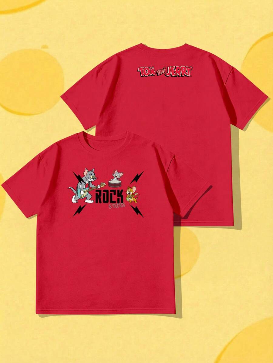 SHEIN X Tom & Jerry Women's Cute Printed Loose Blouse - Flattering Oversized Fit, Suitable For Everyday Wear Casual Summer - Red - View 1