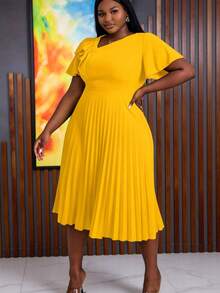 Vestido amarillo de línea A con cuello asimétrico, mangas con volantes y elegante para mujer de talla grande, adecuado para ir al trabajo, ceremonias de graduación, servicios religiosos, toga de graduación en verano - Amarillo - Ver 2