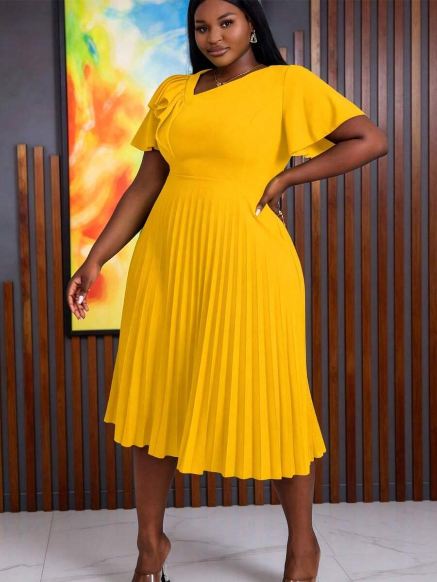 Vestido amarillo de línea A con cuello asimétrico, mangas con volantes y elegante para mujer de talla grande, adecuado para ir al trabajo, ceremonias de graduación, servicios religiosos, toga de graduación en verano