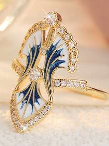Blue Enamel Plant Leaf Design Women's Ring With Sparkling Synthetic Cubic Zirconia, Fresh Style Party & Daily Fashion Accessory, Versatile Jewelry - Multicolor - View 5