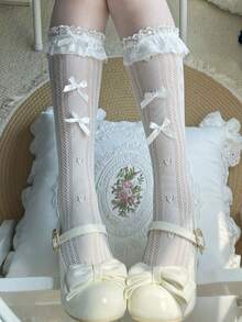 1 Pair Girls Spring/Summer Thin Lace Trim Multi-Bow Lolita JK Sweet Fishnet Socks - Multicolor - View 12
