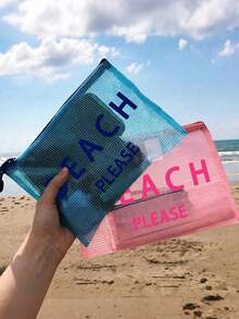多色防水時尚網格沙灘包，附「Beach Please」印花化妝包，沙灘主題。大容量透明化妝包，尼龍拉鍊盥洗包，輕便，可收納防曬乳、比基尼和沙灘必需品。春夏收納，適合游泳、沙灘、潛水和夏季假期，學生返校，輕便防曬收納包，適合朋友、家人、好友、同學。完美的生日、節日、派對、婚禮（伴娘）、郵輪禮物和紀念品 - 彩色 - 查看 4