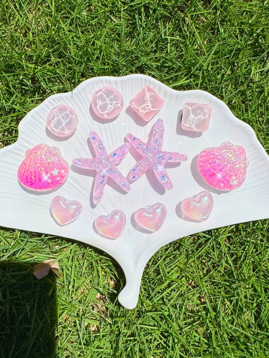 12pcs Pink Starfish Shell Heart Shoe Charms, Removable Accessories For Garden Shoes, Sandals, Holiday Gift - Pink - View 1