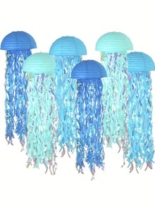 3pcs 9.84 Inch Gradient Jellyfish Paper Lanterns, Blue Mermaid Theme Party Ocean Jellyfish Birthday Decoration, Suitable For Birthday, Holiday, Christmas, Halloween, Valentine's Day And Mother's Day - Multicolor - View 1