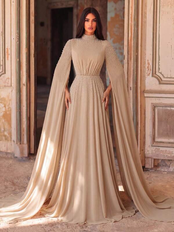 Faeriesty Abaya elegantă cu mânecă lungă, rochie de seară cu mărgele, model A-line, fluidă, din șifon moale, potrivită pentru invitați la nuntă și banchete oficiale (lungime până la pământ)