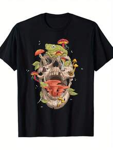 Diseño de calavera de rana y hongo vintage, ajuste regular transpirable, camiseta casual para uso en interiores y exteriores, lavable en máquina, Camiseta de rana - Negro - Ver 1