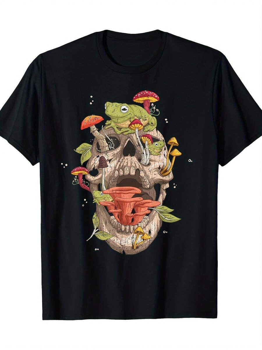 Diseño de calavera de rana y hongo vintage, ajuste regular transpirable, camiseta casual para uso en interiores y exteriores, lavable en máquina, Camiseta de rana - Negro - Ver 1